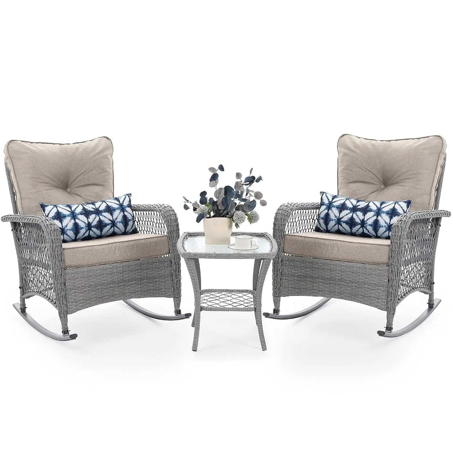 3 Piece Wicker Rocking Bistro Set All Weather PE Wicker Backyard