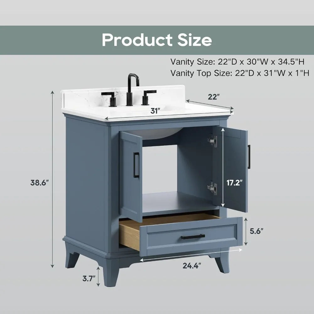 30'' Bathroom Vanity with Sink, Single Sink, Solid Wood Frame, Soft Close Doors, Dovetail Drawer, Steel Blue