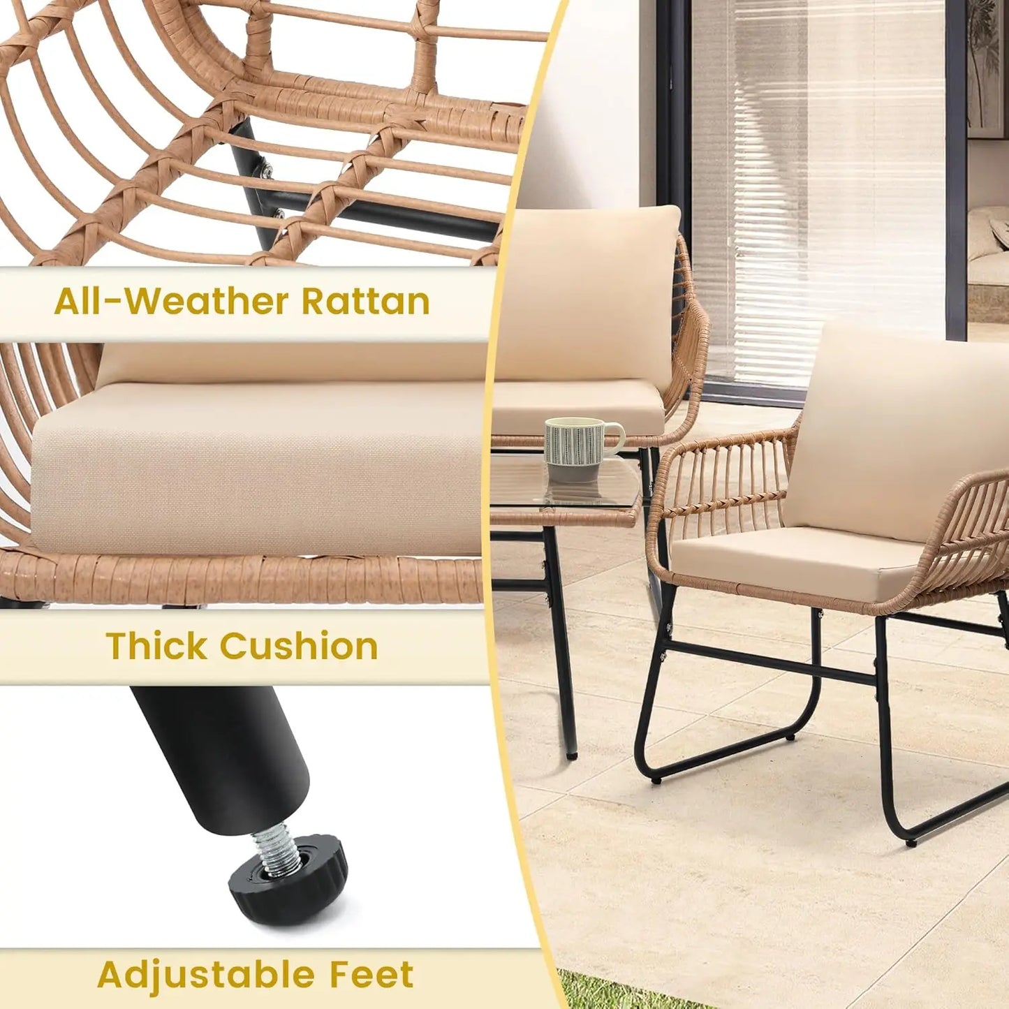 4 Piece Patio Bistro Outdoor Furniture Set, Wicker Sofa, 2 Rattan Chairs, and Table, Backyard Conversation Set, All, Customized