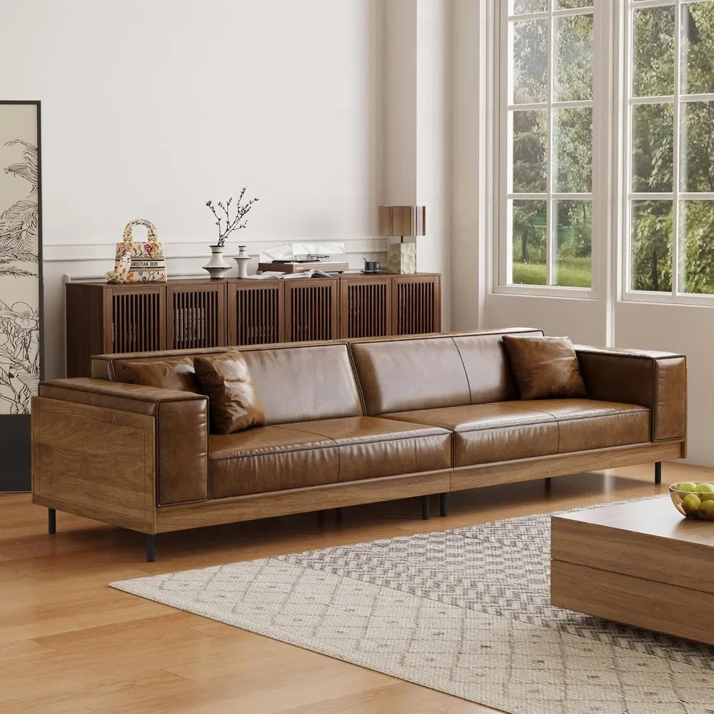 Mid Century Leather Sofa With Wooden Sides And Back