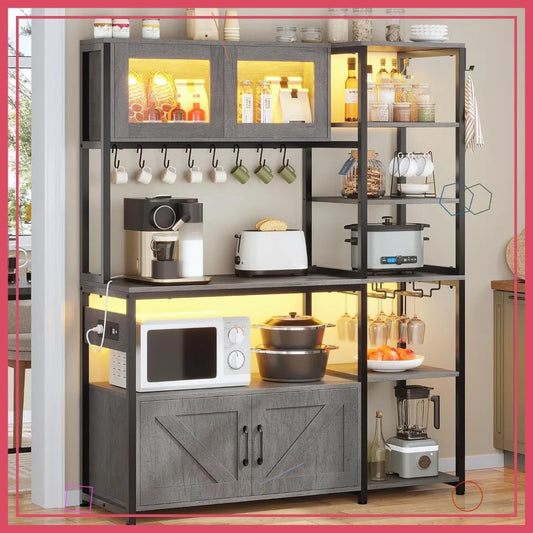 Farmhouse Coffee Bar Cabinet With Power Outlet And LED Light