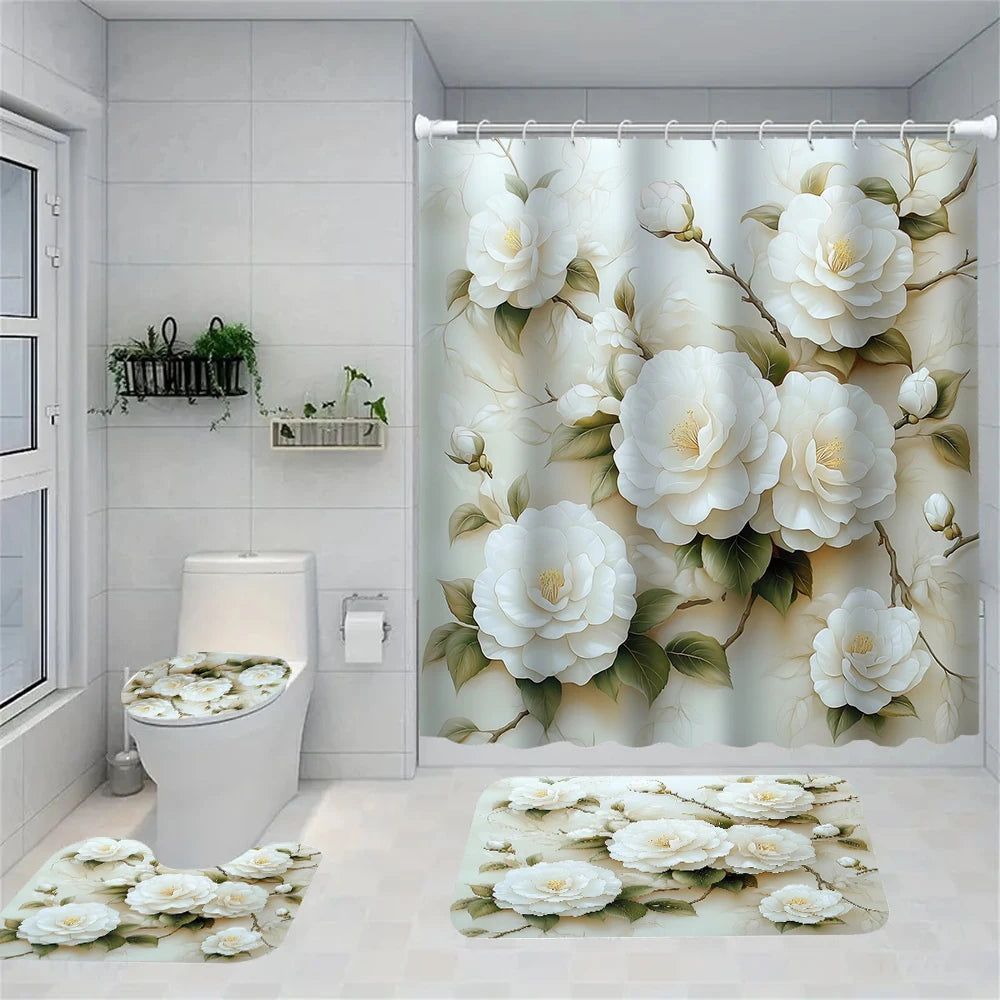 Flower Bird Shower Curtain Set With Carpet And Toilet Seat