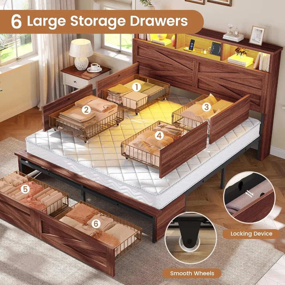 Queen Bed Frame with 6 Drawers, Farmhouse Bed Frame with Barn Door Headboard and Storage, Wood Platform Bed Frame, Customized