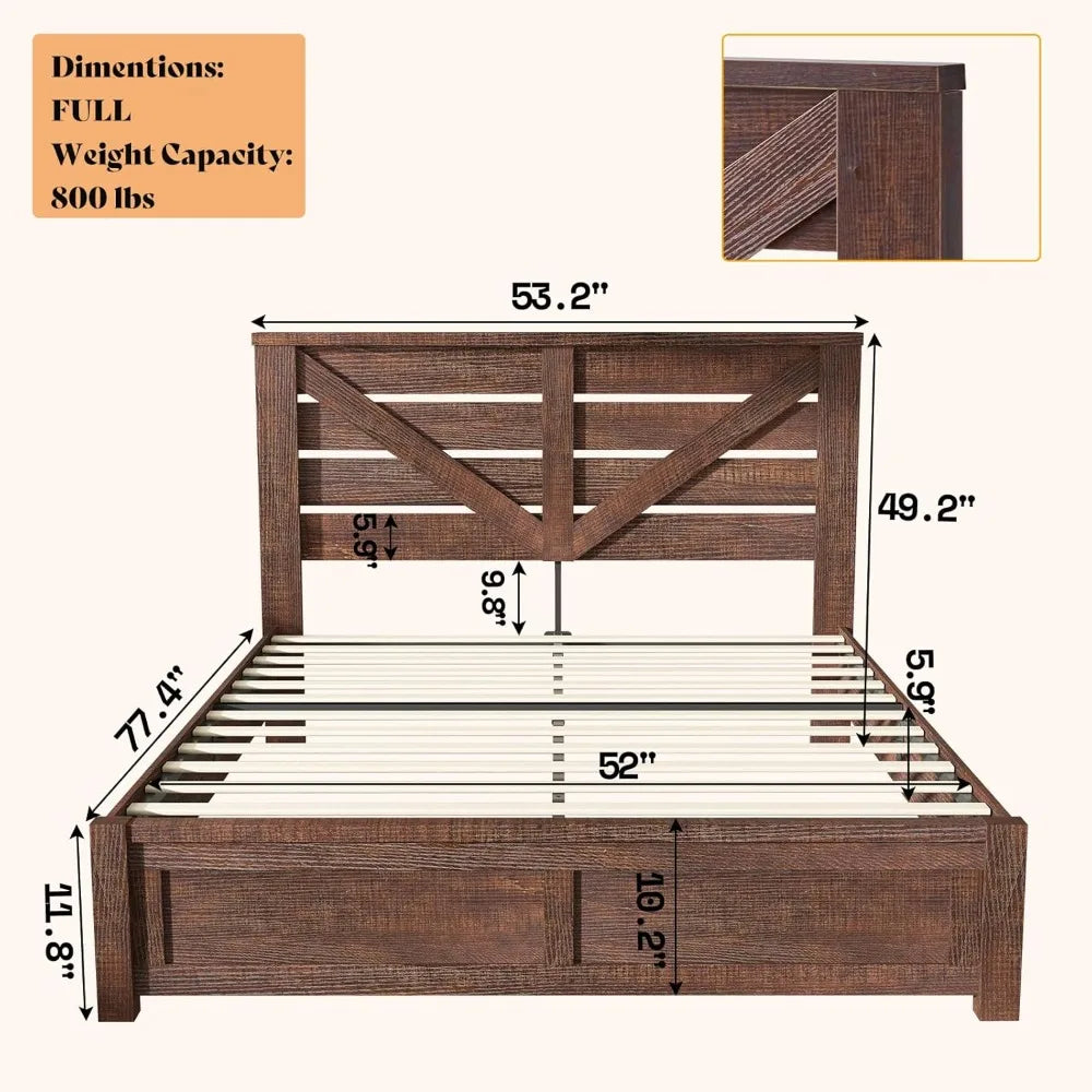 Farmhouse Bed Frame With Barn Door Headboard And Storage