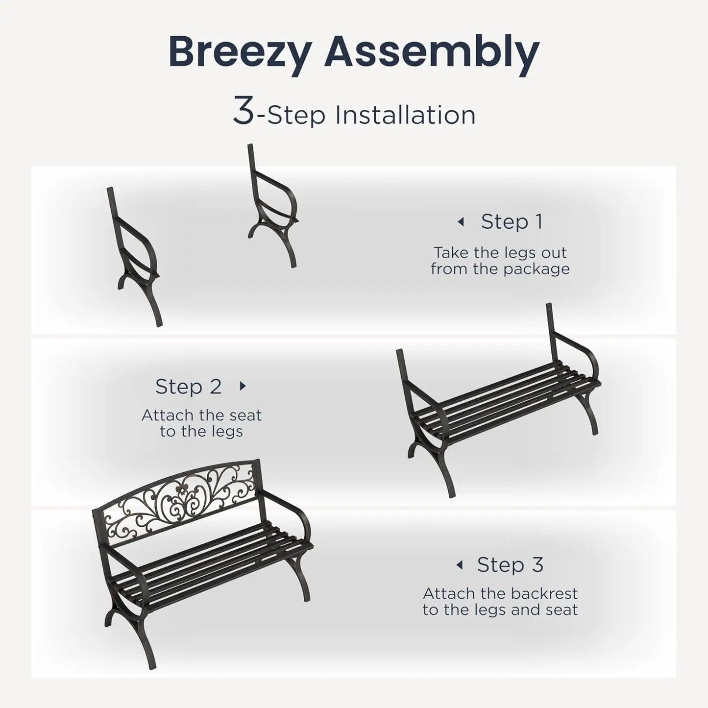 50in Cast Iron Steel Garden Bench Patio Chair w/Floral Backrest Slatted Seat Park Yard Porch Bronze, Customized