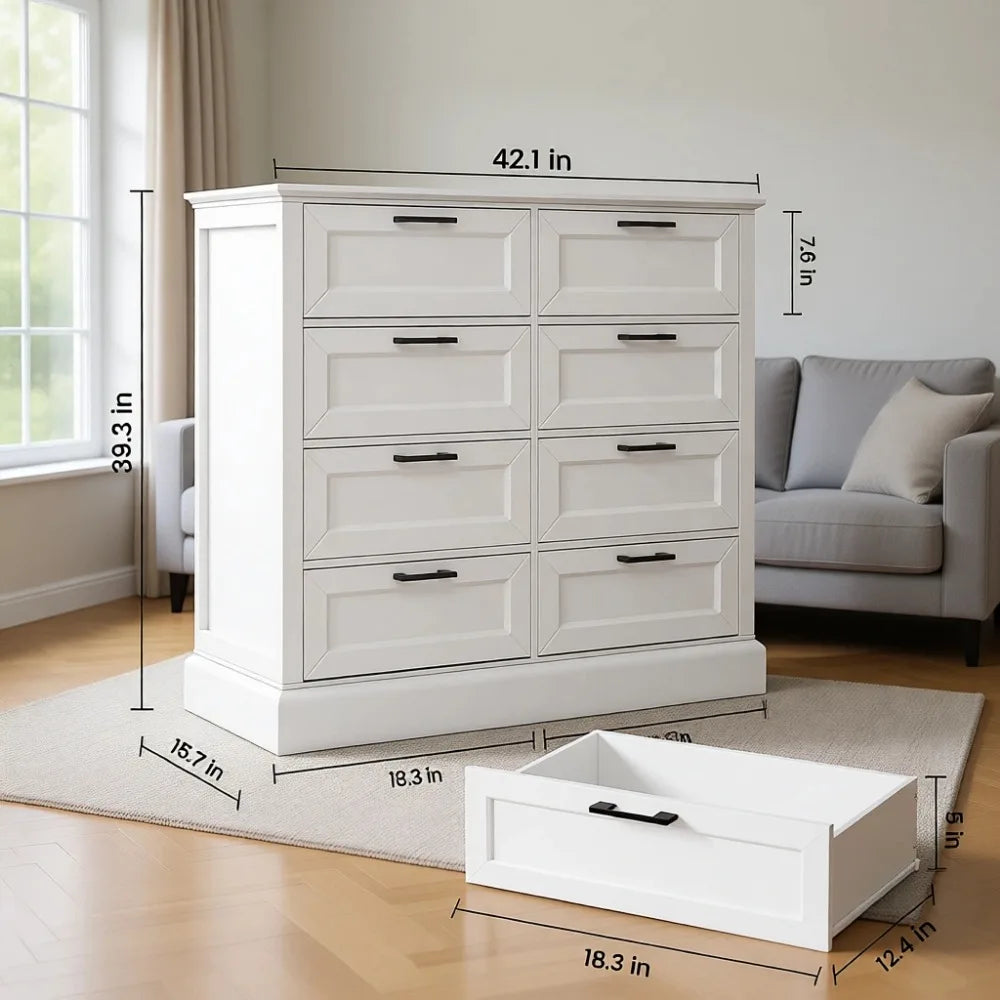 Modern Farmhouse Dresser with 8 Drawers for Bedroom Storage, 39.3” Tall Wood with Black Handles