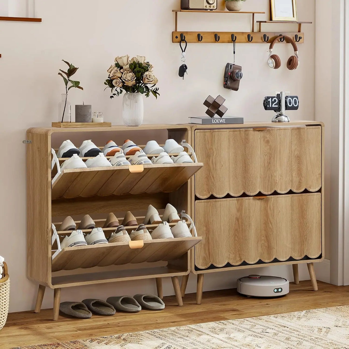 Narrow Freestanding Wood Shoe Storage Cabinet,Wave Panel & 4 Flip Drawers For Entryway, Custom