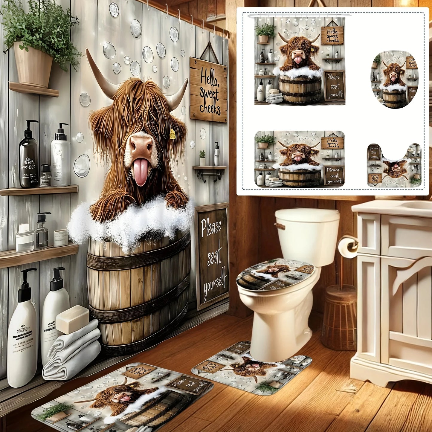 Funny Highland Cow Shower Curtain Set Farmhouse Bathroom Decor