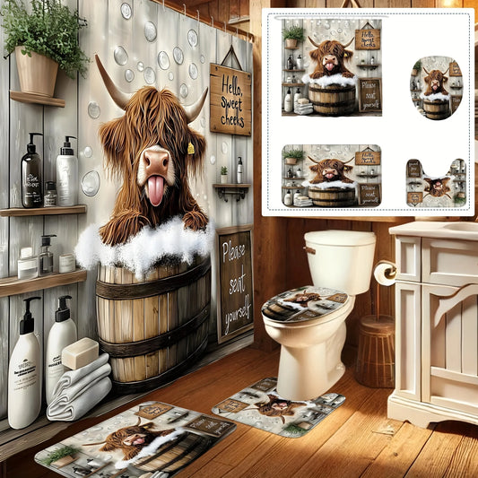 Funny Highland Cow Shower Curtain Set Farmhouse Bathroom Decor