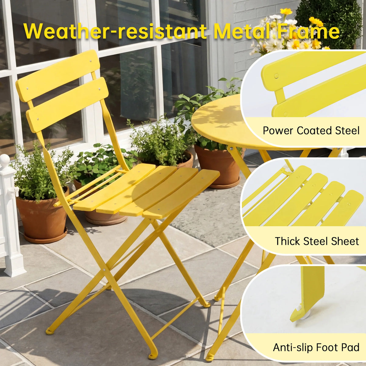 TUAREX Folding Steel Bistro Set With Table And Chairs