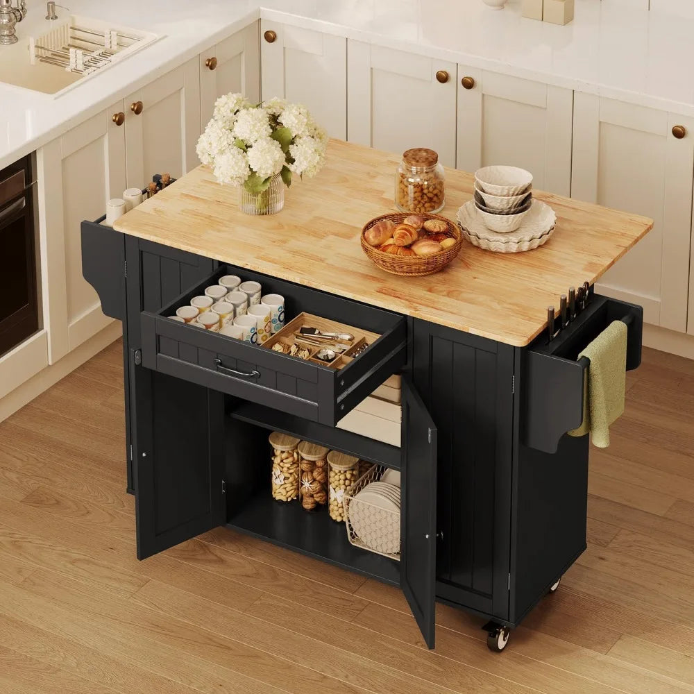 Rolling Kitchen Island on Wheels, Storage Cart with Spice Rack, Towel Rack, Knife Holder, Drop Leaf, Black
