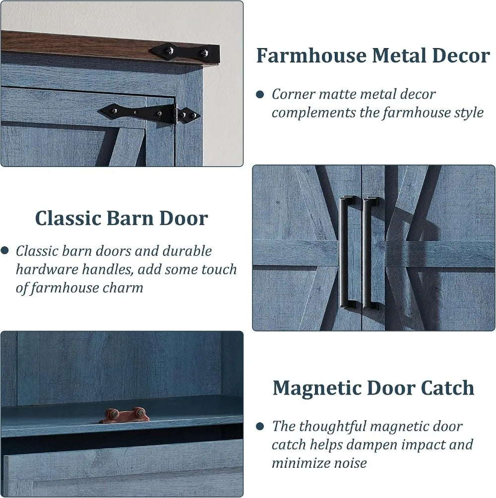 72" Farmhouse Pantry Cabinet, Wood Storage with Adjustable Shelves, Barn Doors & Drawer, Rustic Blue