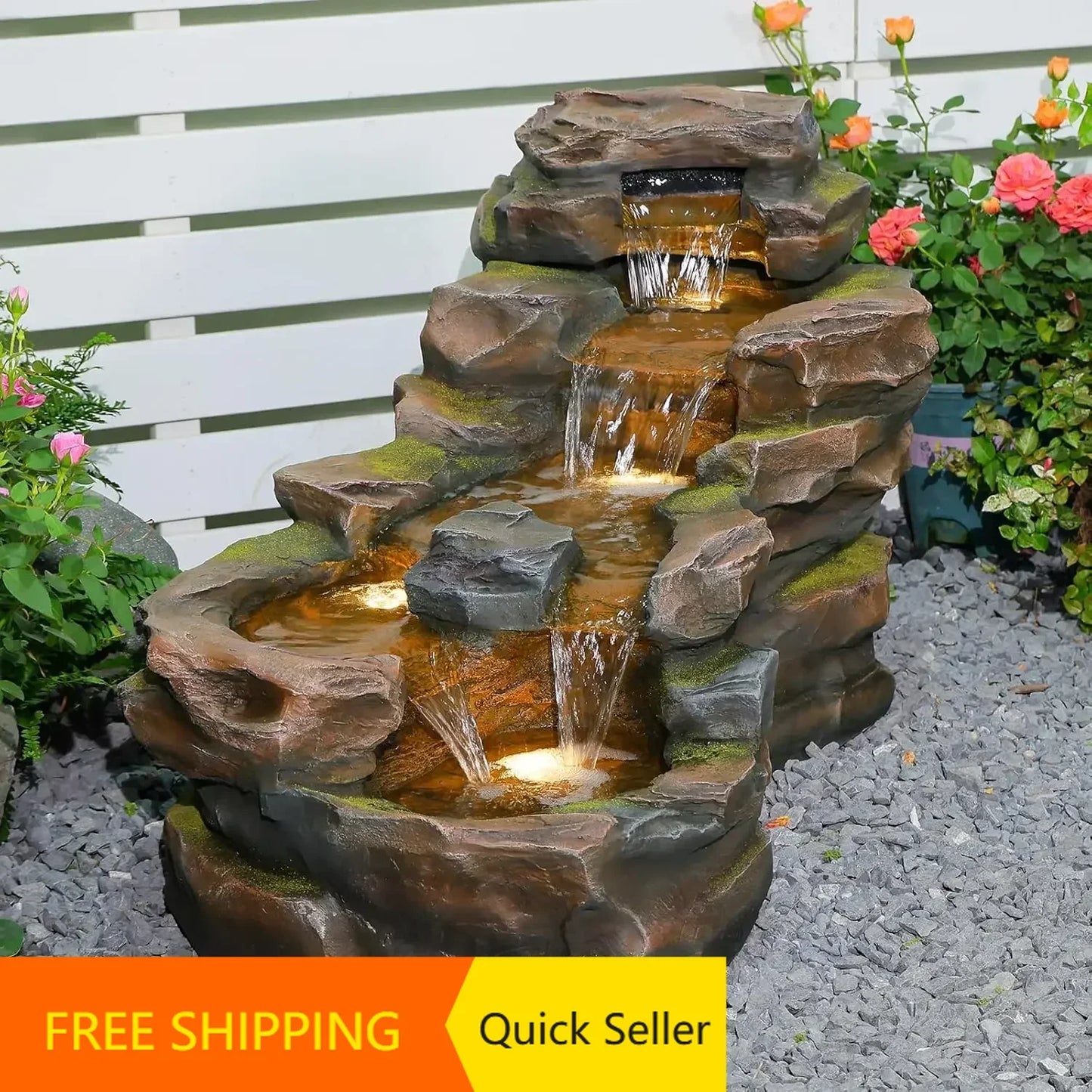 Outdoor Floor Standing Water Fountain Five Tier Rock Waterfall LED