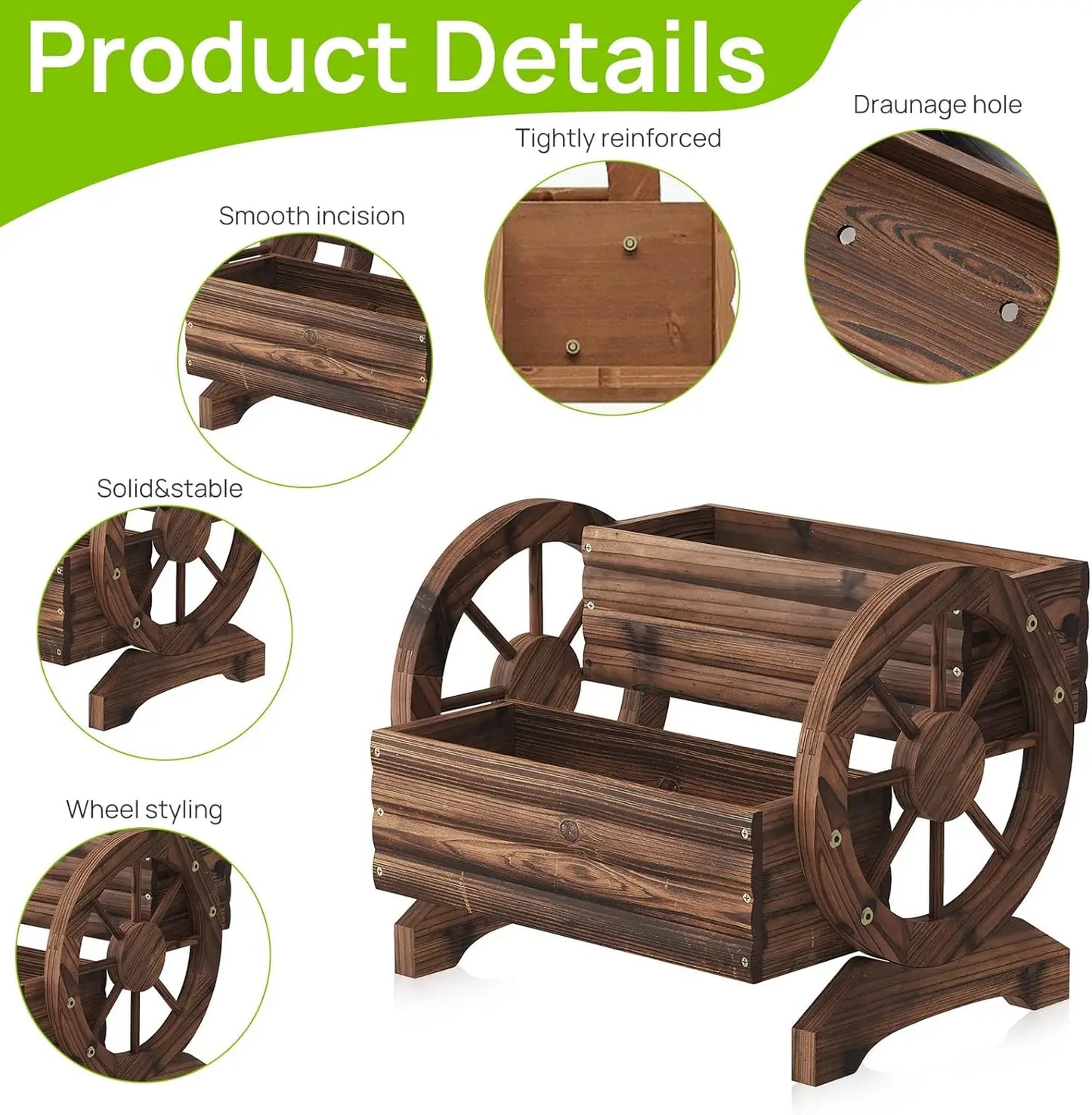 Wooden Wagon Planter With Wheels For Outdoor Garden Balcony Succulent