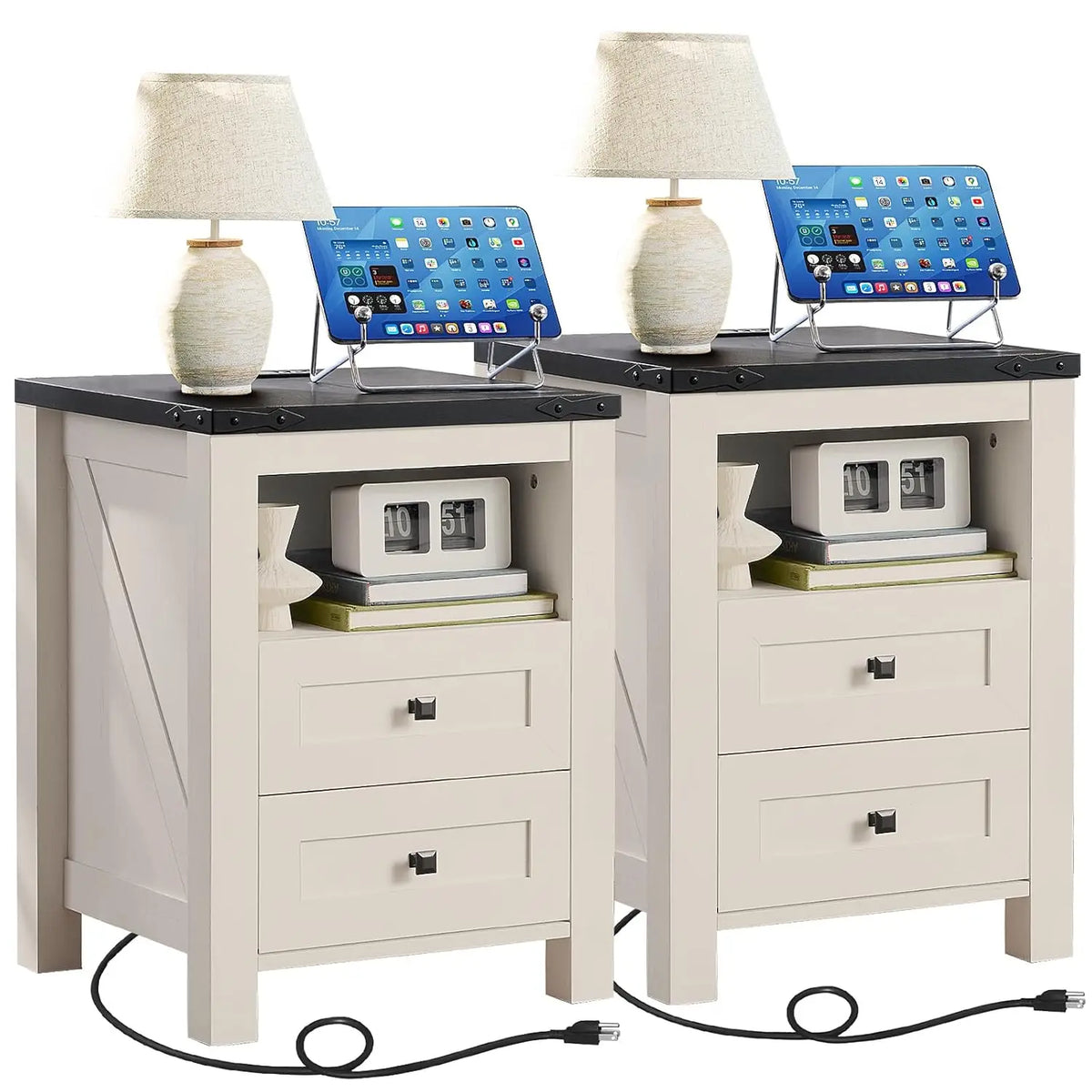 Set Of 2 Farmhouse Nightstands With Charging Station