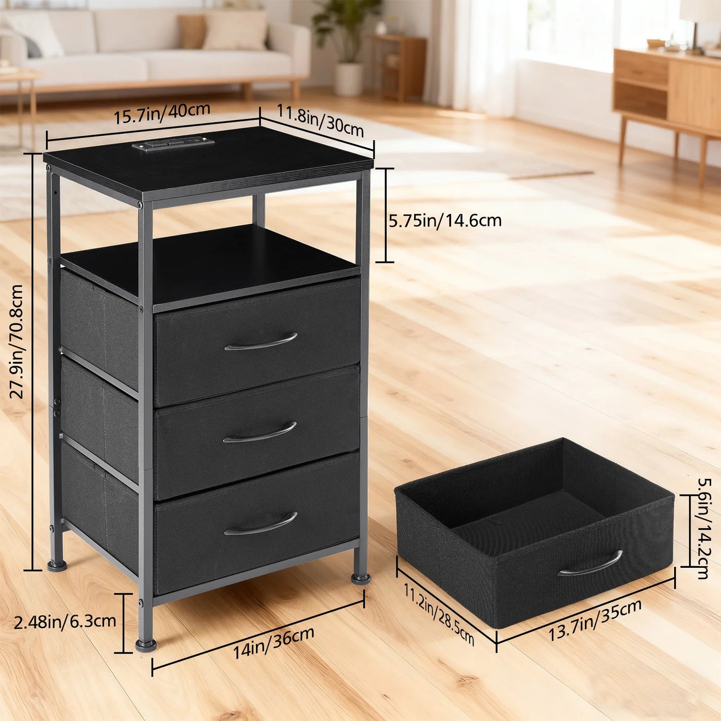 JHK 3 Fabric Drawers Cabinets with Charging Station Bedside End Table with USB/Type-C Ports Outlets Nightstand for Furniture