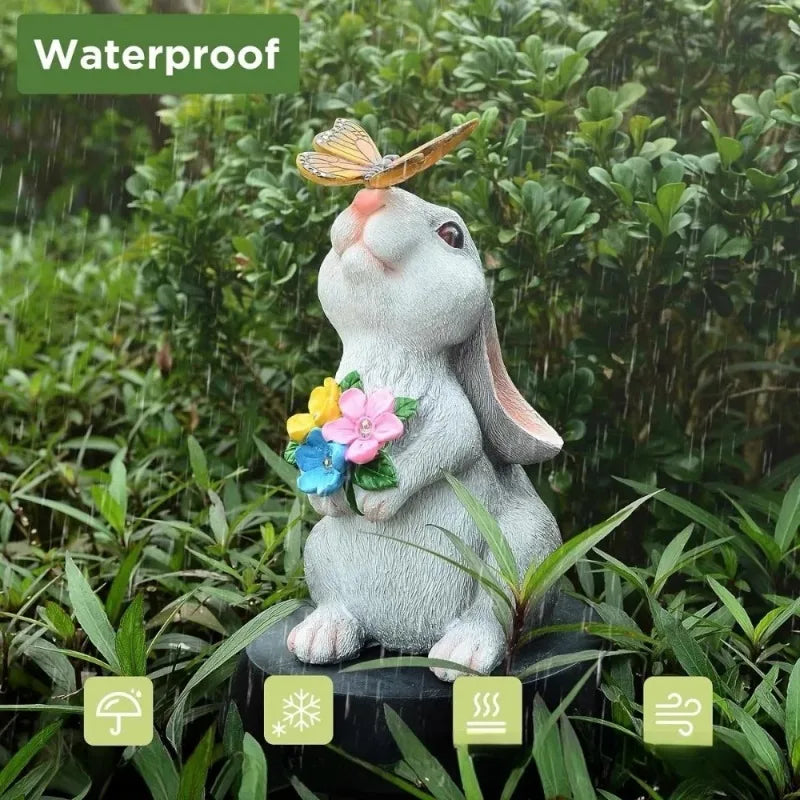 RTONTR Solar Bunny Statue With Butterfly LED Light Outdoor Decor