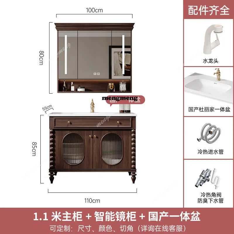 American Retro Rubberwood Bathroom Cabinet With Ceramic Integrated Basin