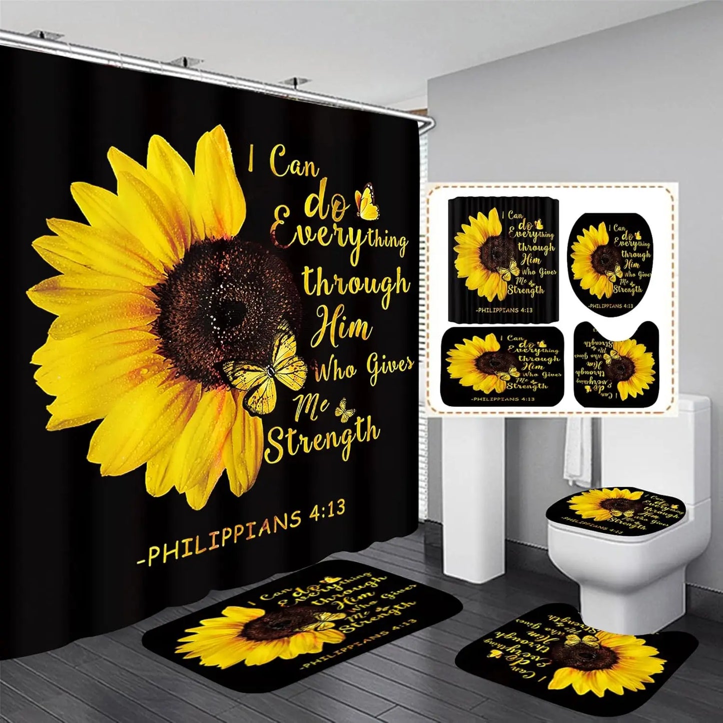 4 Piece Sunflower Shower Curtain Set - Yellow Floral Flower Bathroom Decor - Washable Fabric Curtain - Rugs and Toilet Lid Cover