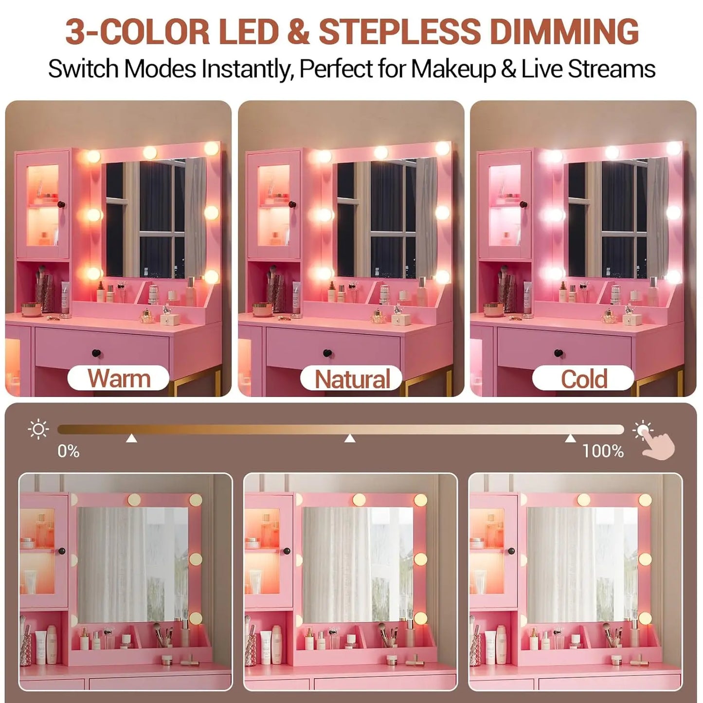 LED Vanity Mirror Desk With USB Charging And Storage Cabinet