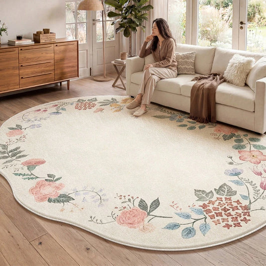 Irregular Shaped Plush Rug For Living Room With Flower Pattern