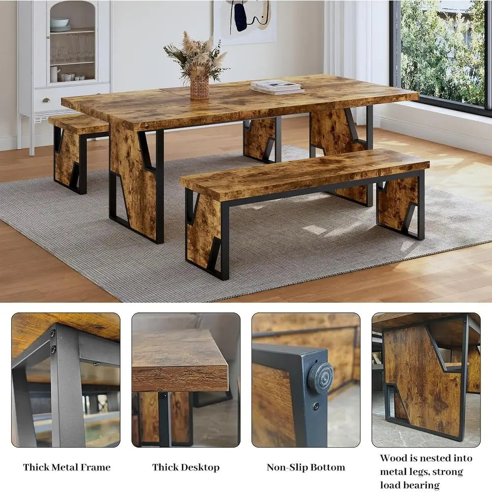 70.8" Wooden Dining Table with 2 Benches, ern Kitchen Table and Chairs Set or 4-6 Person, Thickened MD Wooden Table with Dining