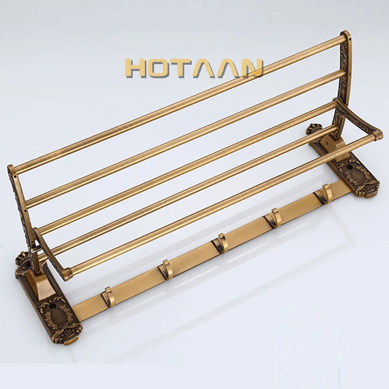 HOTAAN Aluminum Foldable Bath Towel Rack With Hooks and Shelf
