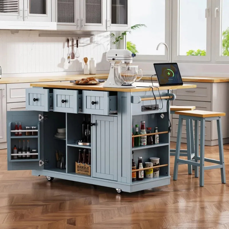 Gray-blue 53-inch Large Kitchen Island with Folding Tabletop, Power Outlet, Inside-door Storage, 5-wheel Rolling Kitchen Cart, and 5 Open Side Shelves, Suitable for Kitchens (2-pack) (stool Not Included).