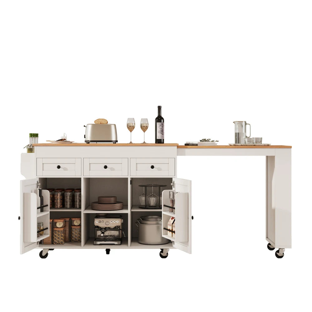 K&K 85.5" Kitchen Island with Extendable Dining Table, Kitchen Storage Table with 3 Side Open Shelves, Rolling Kitchen Island with Power Outlet, 3 Drawers, 2 Doors, for Kitchen, Dining Room, White