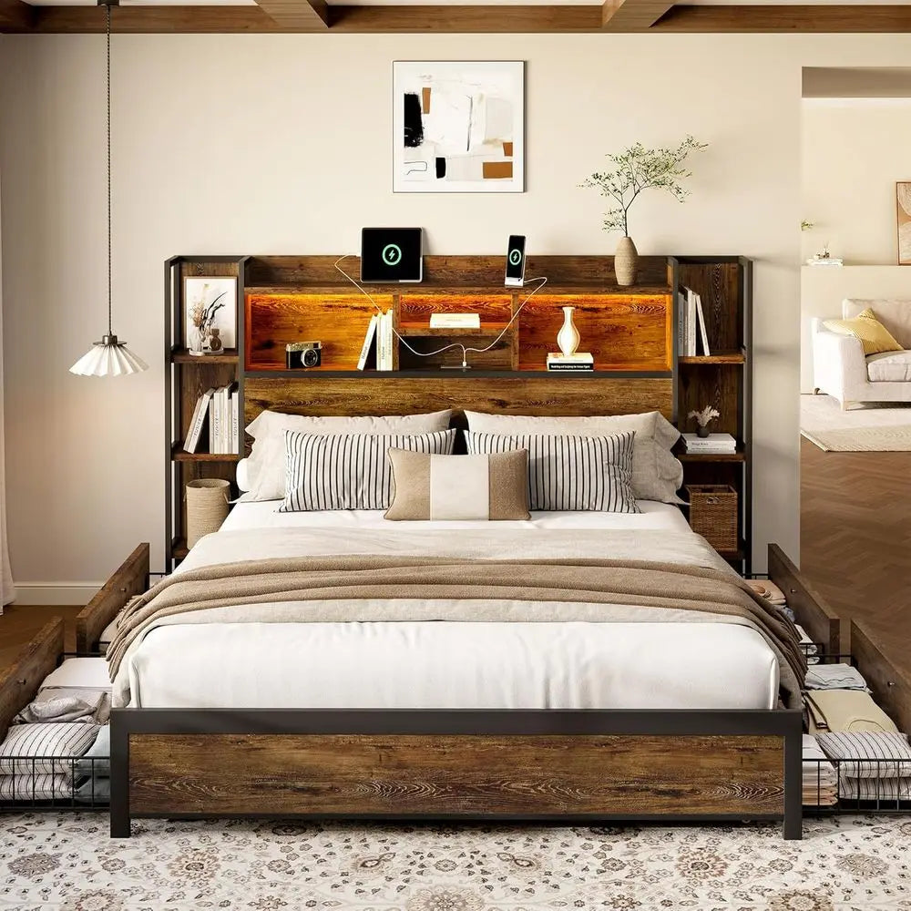BRELTAM Platform Bed With 4 Storage Drawers And Lighted Charging Station