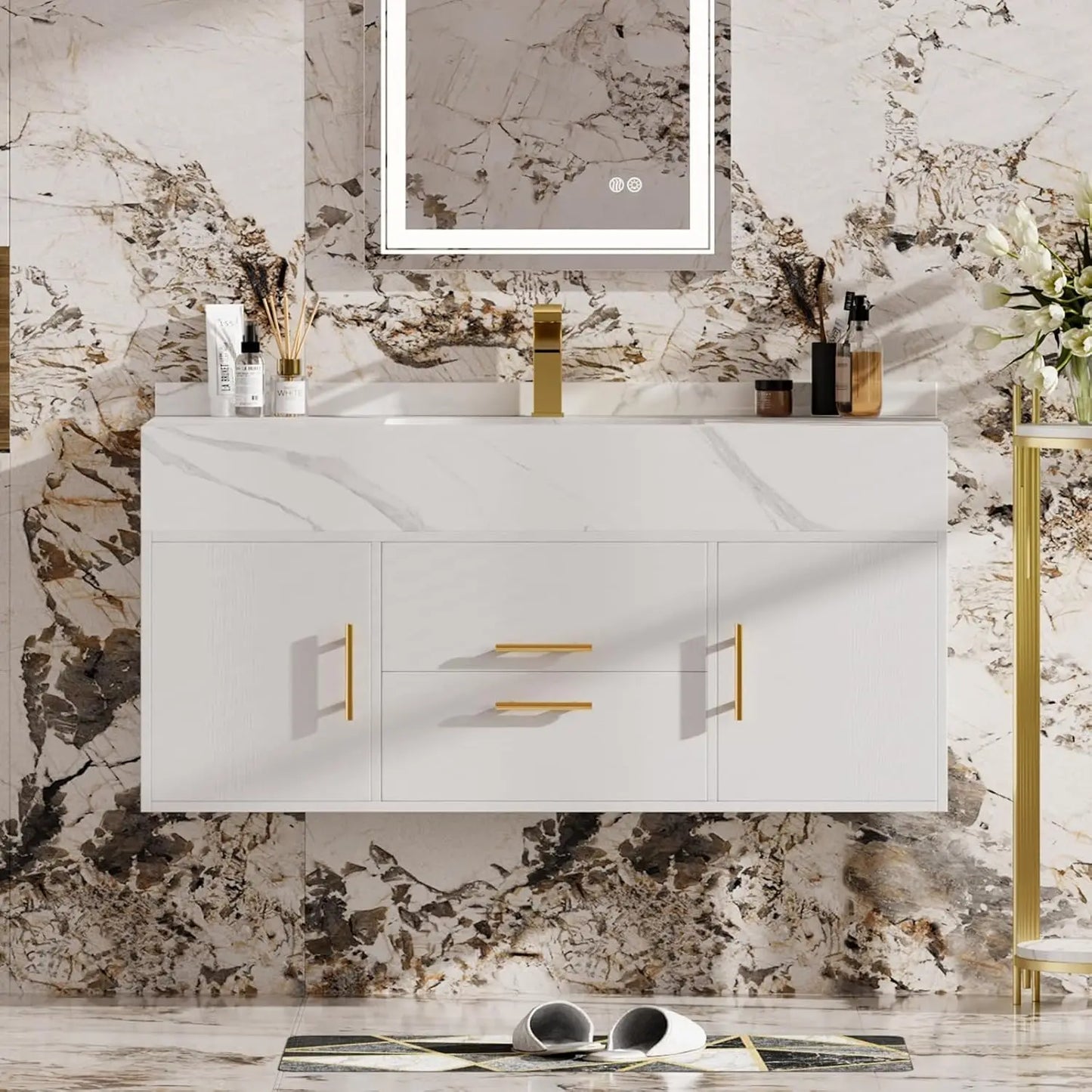 39.4" Floating Bathroom Vanity Sintered Stone Top 2 Drawer Cabinet Undermount Ceramic Sink Walnut Customized