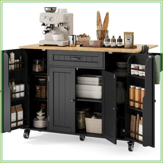 Rolling Kitchen Island on Wheels, Storage Cart with Spice Rack, Towel Rack, Knife Holder, Drop Leaf, Black