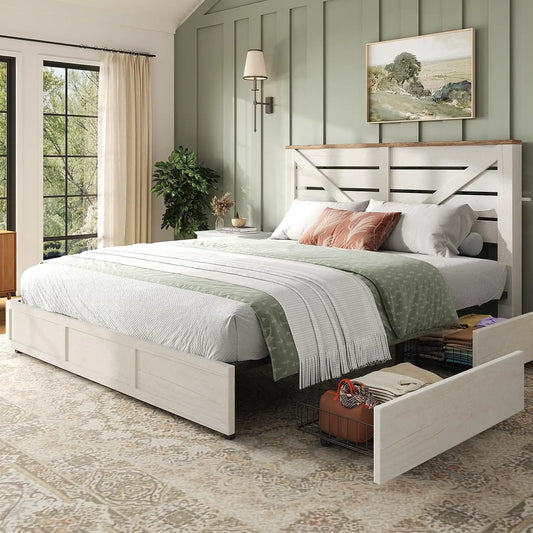 Farmhouse Barn Door Headboard Wooden Bed Frame Platform Design