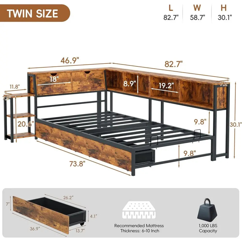 Twin Bed e with Storage Bookcase & Bede Rack, Twin Size Metal Platorm Bed e with 2 Ders, Twin Daybed with Led Lights & Charging
