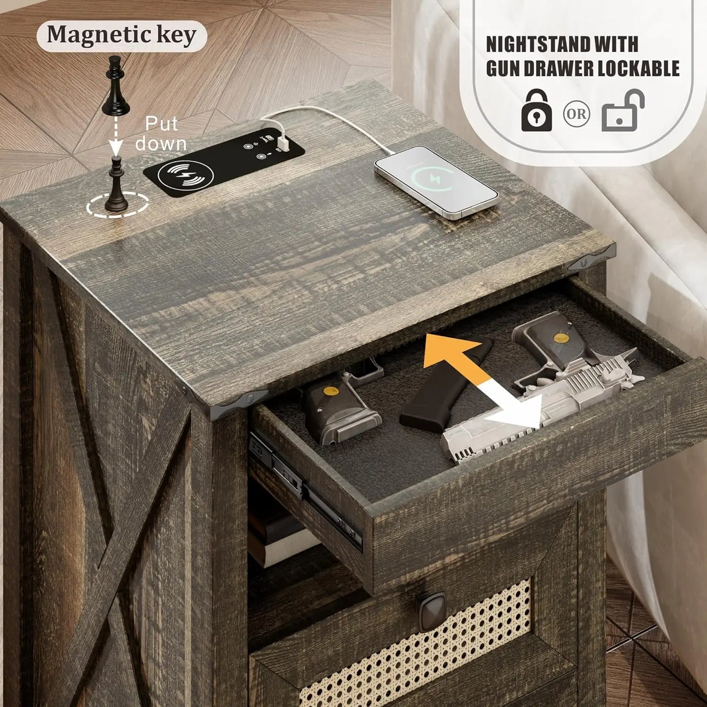 Farmhouse Night Stand With Gun Drawer And Charger Station