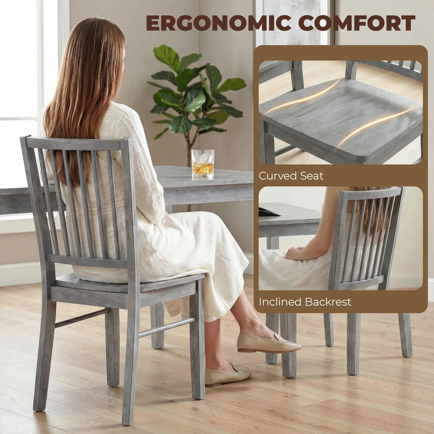 Homcom Farmhouse Dining Chairs Set of 2, Ergonomic Solid Wood Armless Kitchen Chairs with Rubberwood Legs for Dining Room, Kitchen, Rustic Gray