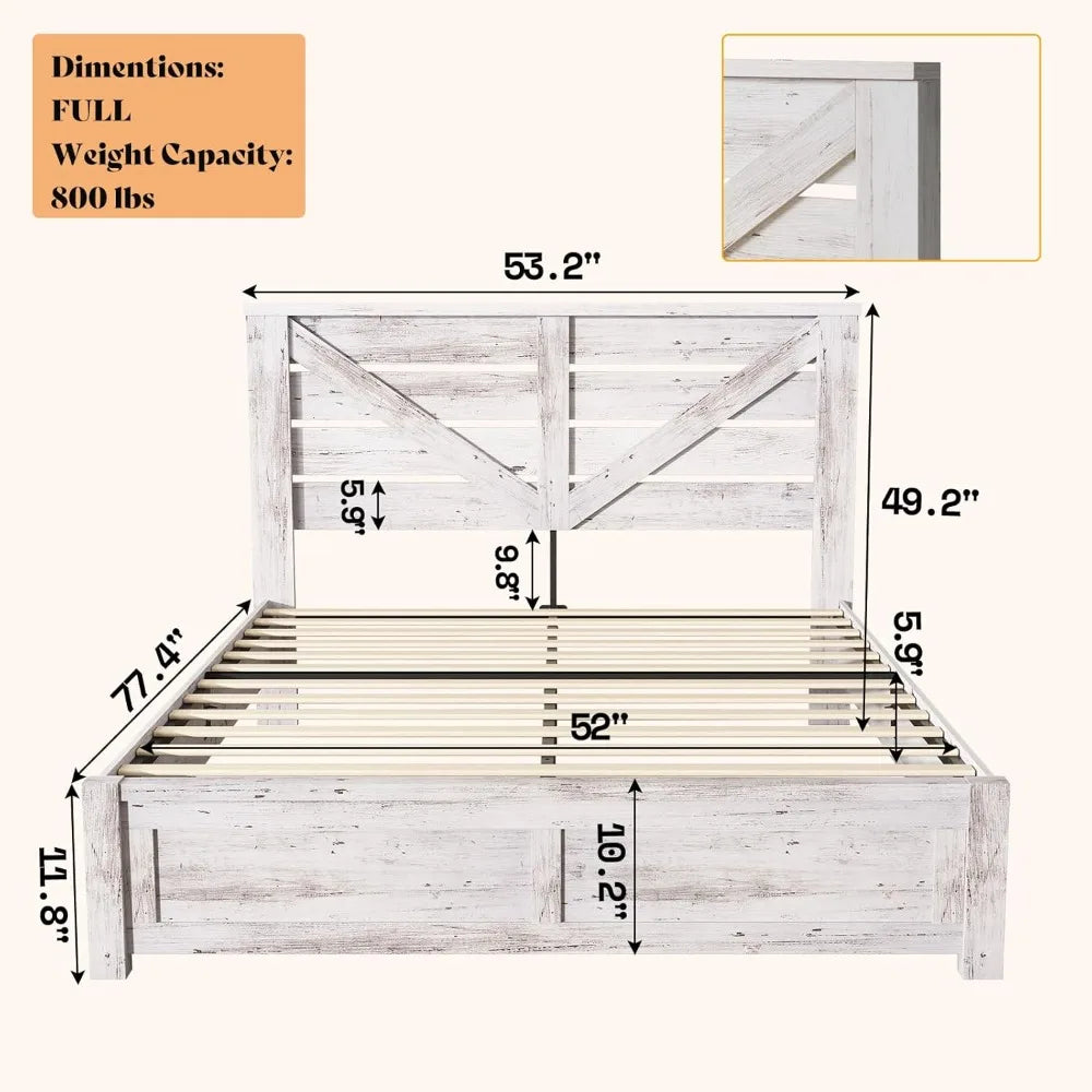 Full Size Bed Frame with Barn Door Headboard, Farmhouse Platform, Wood Slats, No Box Spring, Under Bed Storage, White