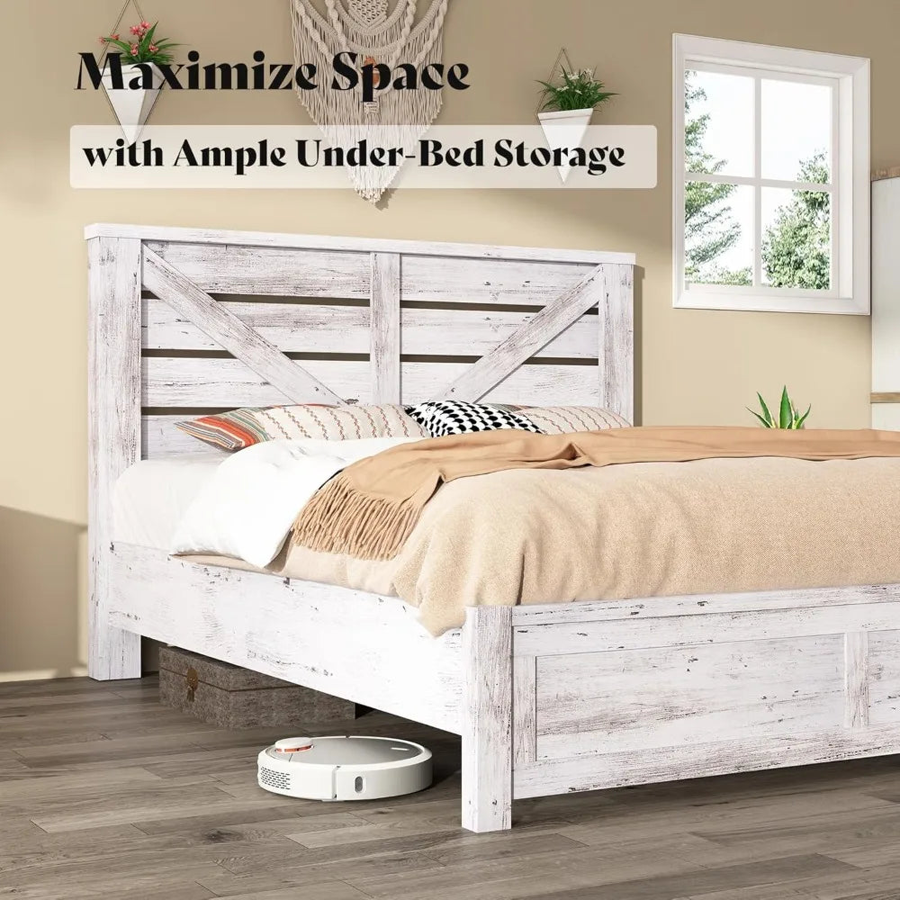 Full Size Bed Frame with Barn Door Headboard, Farmhouse Platform, Wood Slats, No Box Spring, Under Bed Storage, White