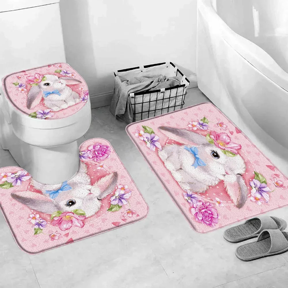 Happy Easter Bath Rug Set With Bunny Truck Eggs Decor
