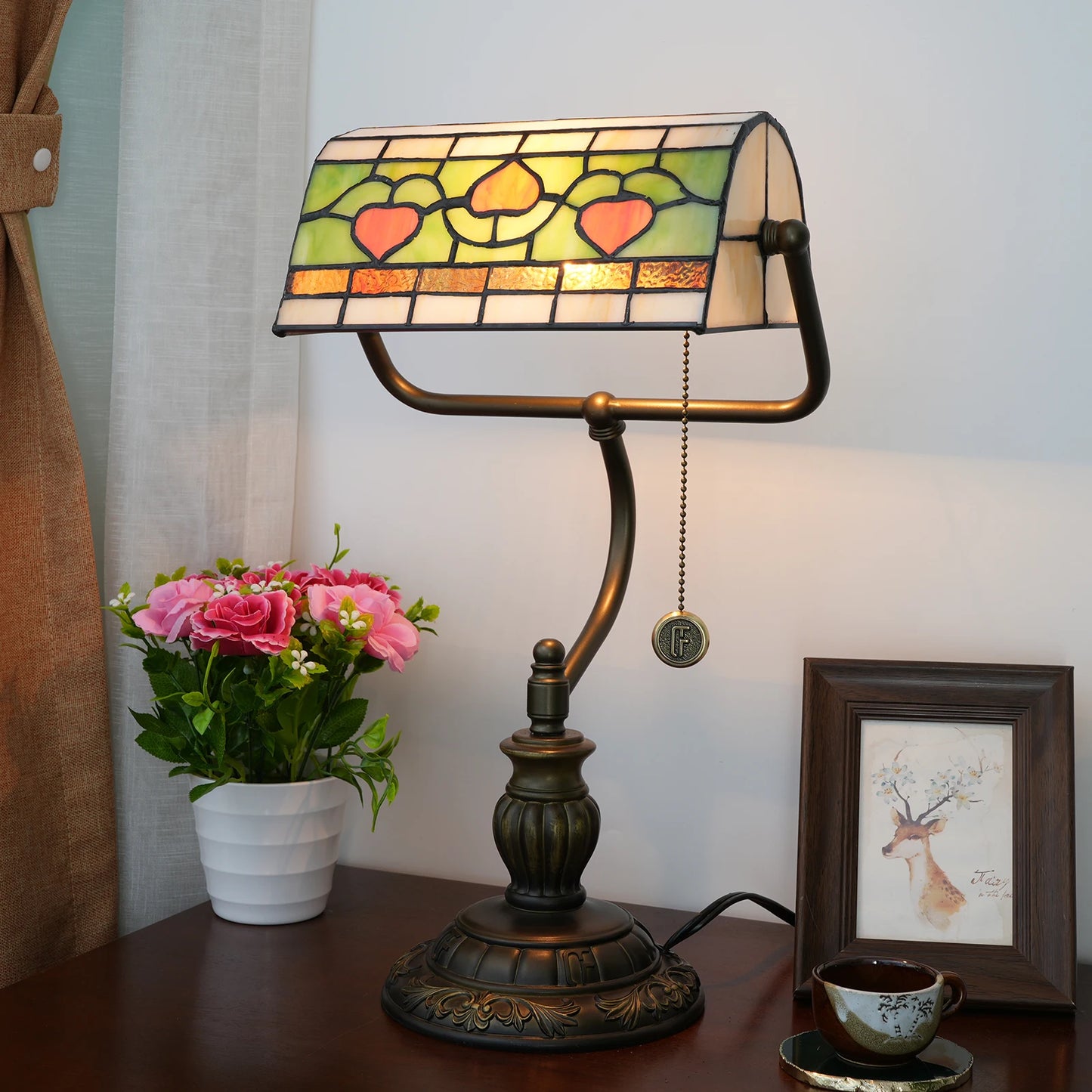 Creative Plug-in Table Lamp Stained Glass Banker Lamp with Zipper Switch Living Room Bedroom Bedside Sofa Library Table Lamp