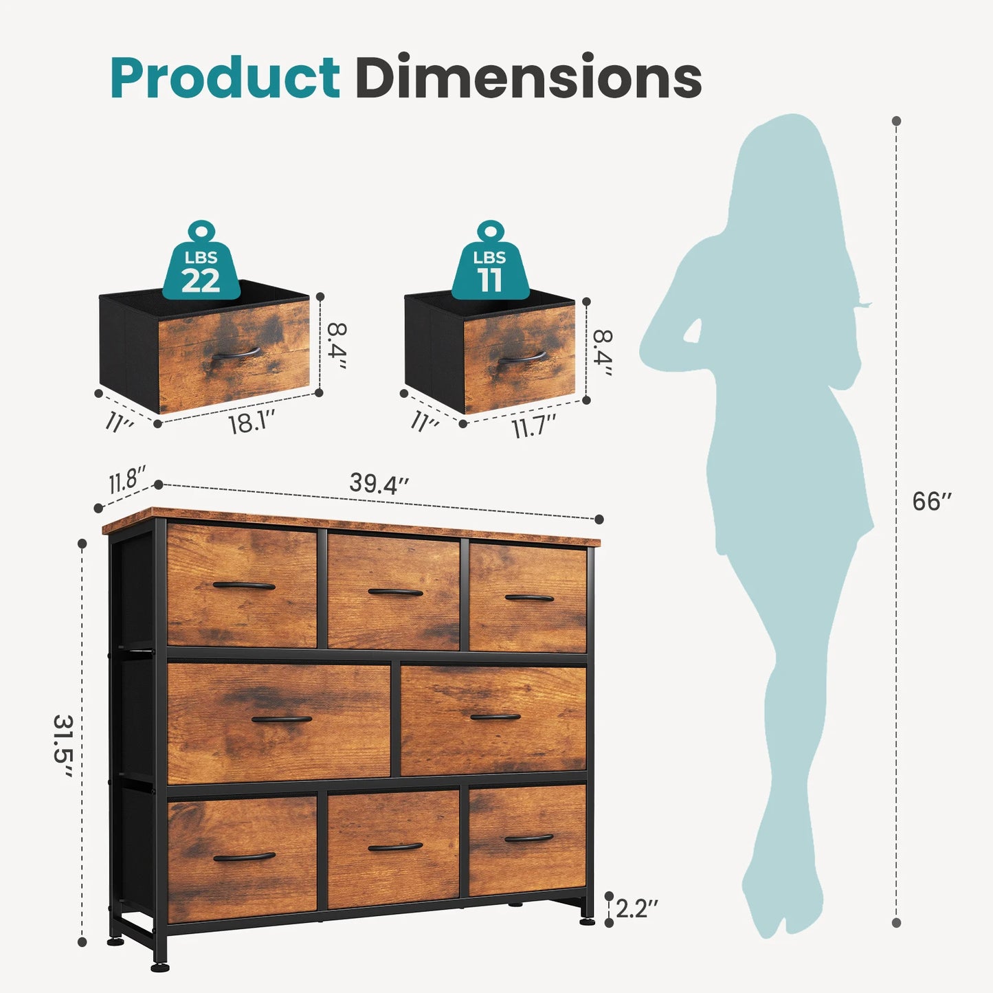 JHK Dresser with 8 Fabric Drawers Cabinet for Living Room Wide Storage Dressers for Closet Chests of Drawers with Wood Top and Mental Frame Storage Unit for Bedroom and Entryway