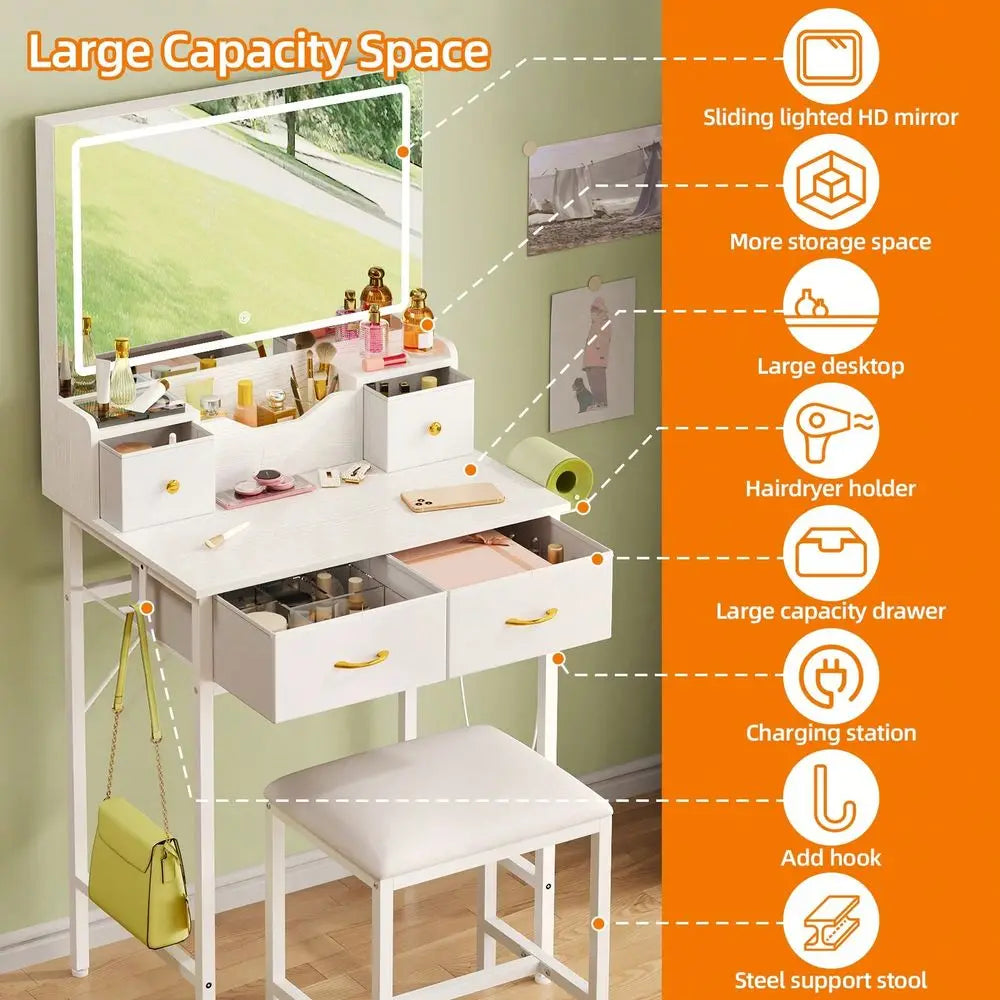 Vanity Table With Mirror And Stool Storage Desk Makeup