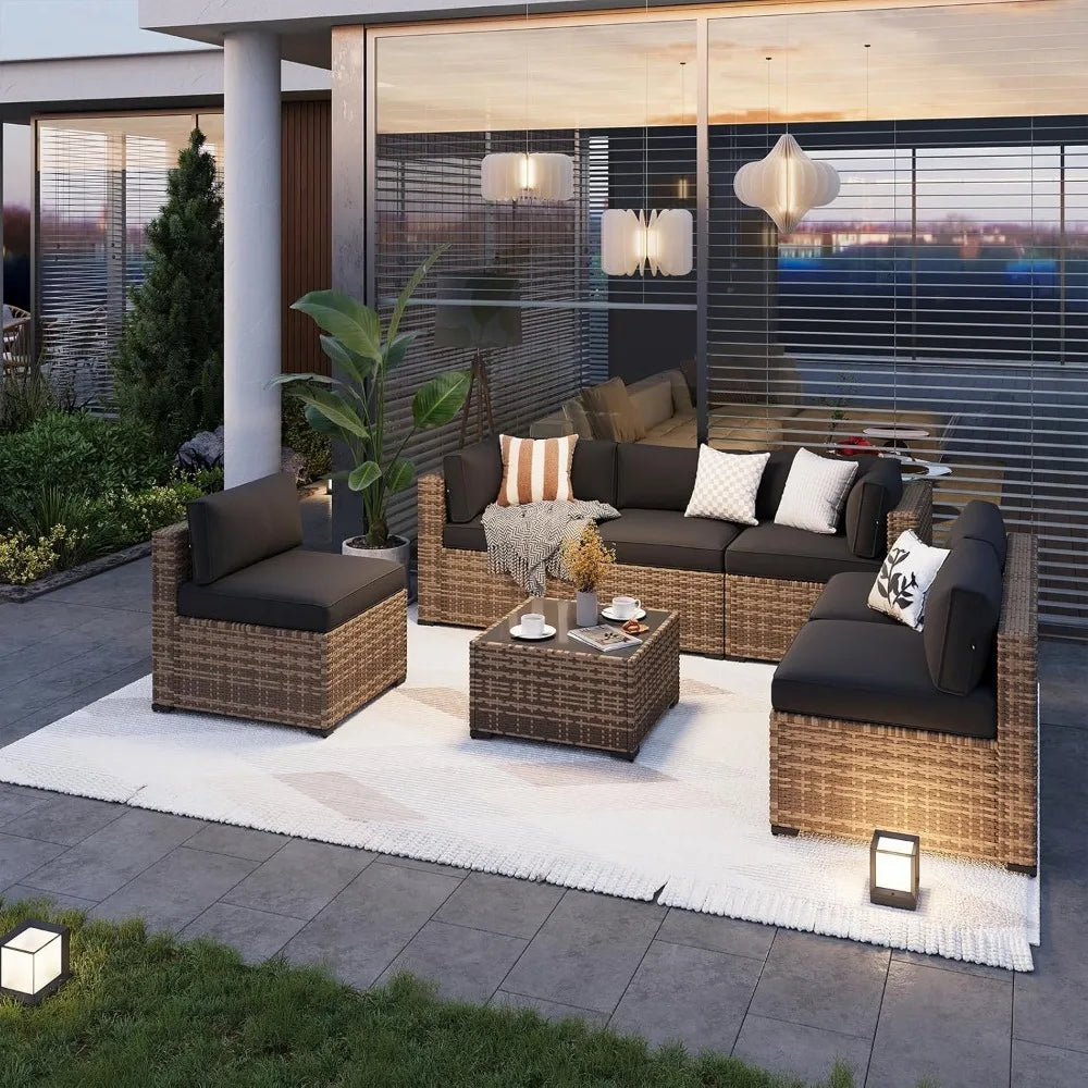 7-Piece Outdoor Patio Furniture Set with Thick Cushions Wicker Sectional Sofa for Garden Poolside Backyard