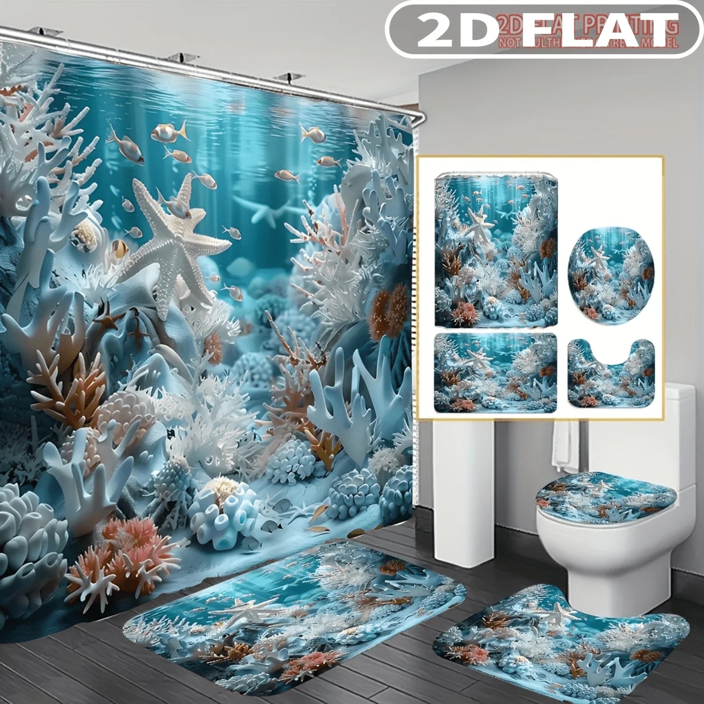 1pc/ 4pcs 2D FLAT Underwater Coral Reef Scene Pattern Shower Curtain Set, with Bath Mat, U-shaped Mat, Toilet Lid Cover