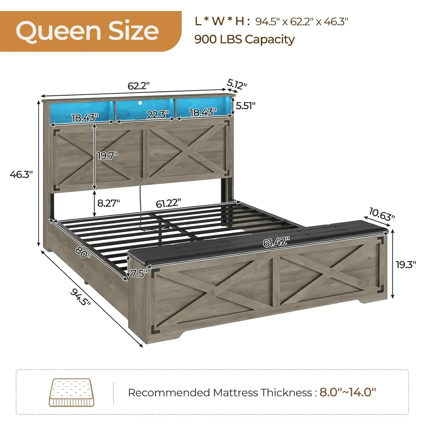 Farmhouse Queen Bed Frame with Storage Headboard and Charging Station Wood Platform Bed Frame Queen Size with, Customized