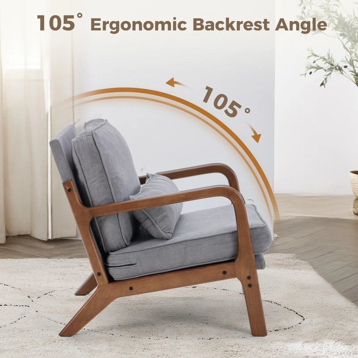 JHK Mid Century Modern Wooden Frame Accent Chair Waist Cushion
