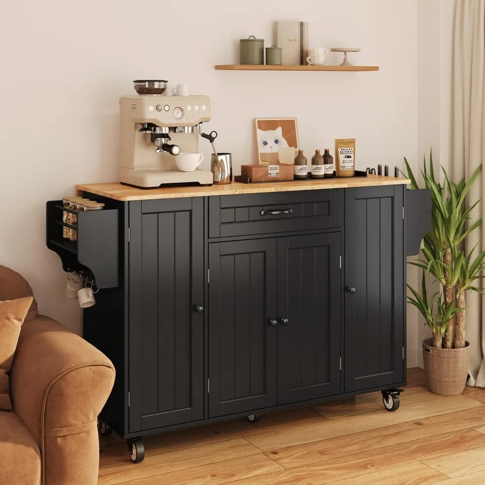 Rolling Kitchen Island on Wheels, Storage Cart with Spice Rack, Towel Rack, Knife Holder, Drop Leaf, Black