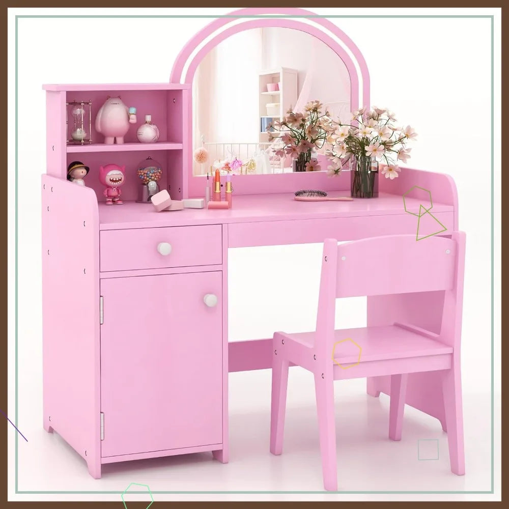 Kids Vanity Set With Lights Princess Makeup Table And Chair
