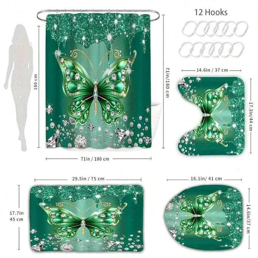 Butterfly Shower Curtain Set With Crystal Embellishments For Bathroom