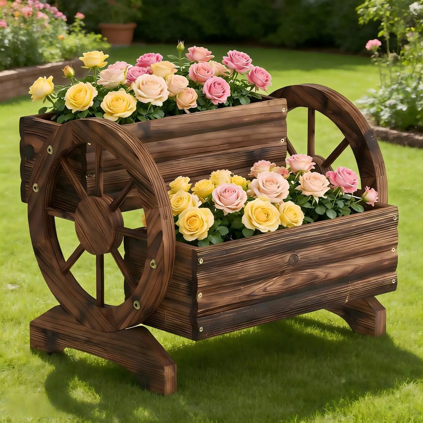 Wooden Wagon Planter With Wheels For Outdoor Garden Balcony Succulent